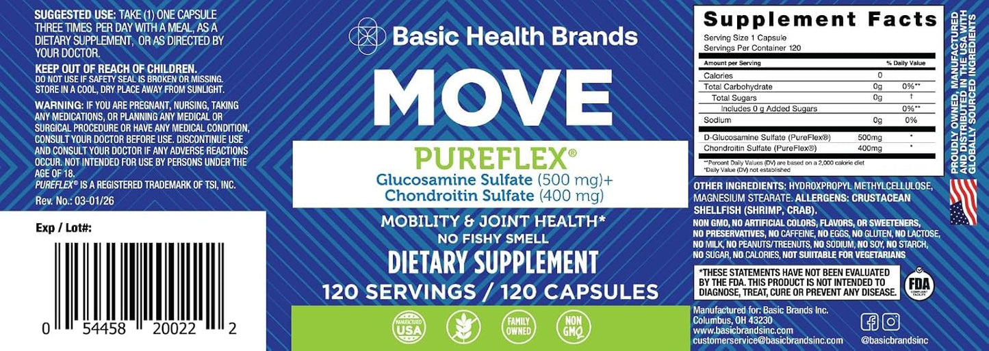 Basic Brands Move Pureflex Glucosamine Chondroitin, 120 Capsules | 500 mg Glucosamine Sulfate and 400 mg Chondroitin Sulfate, Made in USA