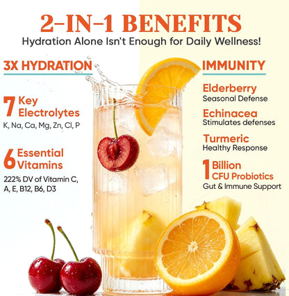 Venture Pal Sugar Free Hydration Packets+Immune-Liquid Daily IV Drink Mix | Electrolyte Powder with 7 Electrolytes & 6 Vitamins, Probiotics + Elderberry | Non-GMO, Keto Friendly, Vegan | 16 Sticks