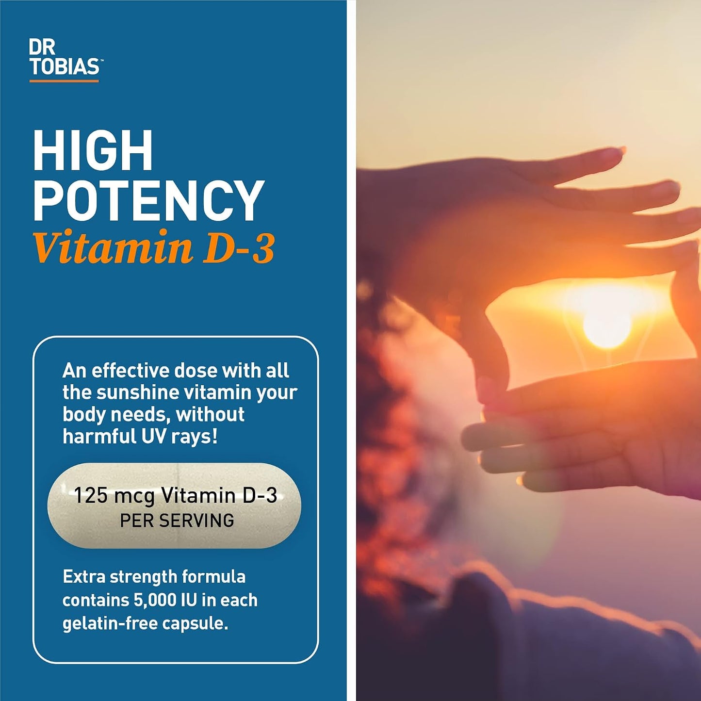 Dr. Tobias Vitamin D3 5000 IU 90 Capsules | Extra Strength Vitamin D | Bone, Teeth & Immune Support | 5,000 IU Vitamin D3 | Gelatin-Free & Non-GMO | 90 Servings