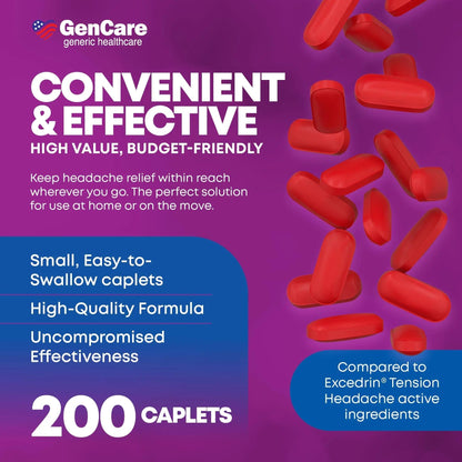 GenCare - Tension Headache Relief Pain Reliever with Acetaminophen 500 mg & Caffeine 65 mg (200 Caplets) Best Value Bulk Extra Strength for Head, Migraine, Joint Pain & Body Ache Relief Medicine GenCareBuy Supplements Australia