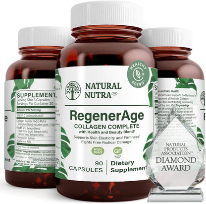 Natural Nutra Regener Age Complete Supplement for Skin Health, 90 Capsules | Protein Peptides, Reduce Stretch Marks, Contributes to Overall Health, Vitamin C, Grape Seed Red Wine Extract, Gluten-Free