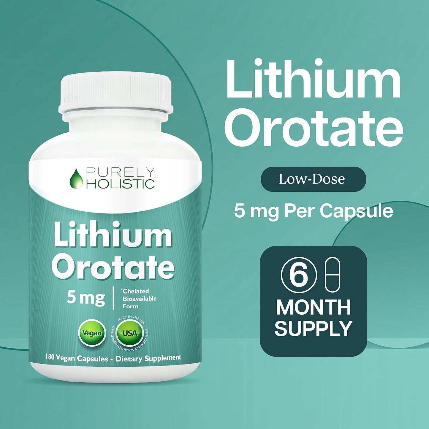 Lithium Orotate 5mg, Mood and Emotional Balance Support, 6 Month Supply | Highly-Bioavailable Chelated Form, Low Dose Lithium Supplements for Cognitive Health & Calm Support, Vegan, 180 Capsules