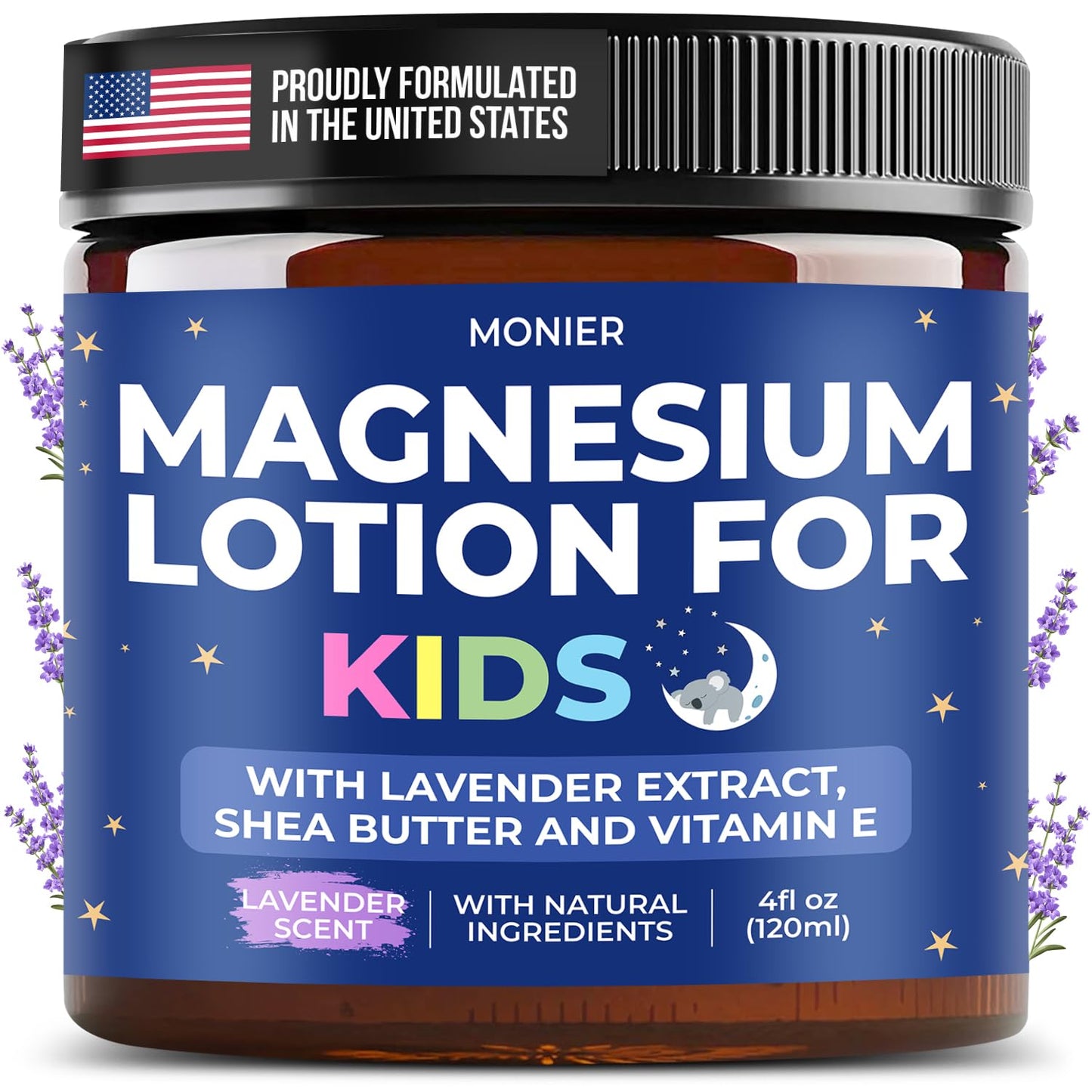 MONIER Magnesium Lotion for Kids - Relaxing Magnesium Cream with Lavender | with Lavender, Shea Butter, Aloe Vera, 100% Natural Ingredients (4 Oz, Unscented)