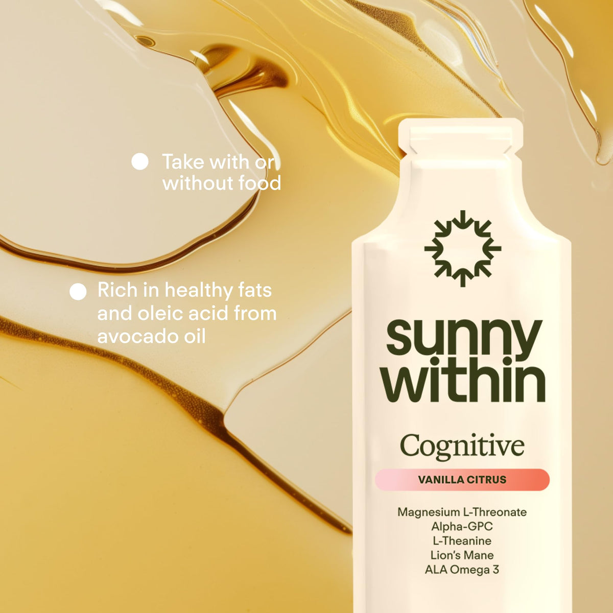 Sunny Within - Brain Health Supplement - Magnesium L-Threonate from Magtein®, Lion’s Mane, Alpha GPC, L-Theanine, ALA & Avocado Oil - Focus, Mood & Memory Support* - 30 Daily Vegan Pouches Sunny WithinBuy Supplements Australia