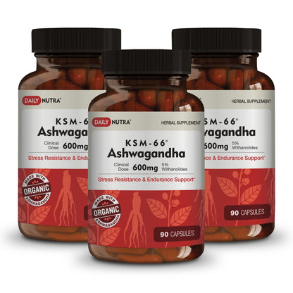 DailyNutra KSM-66 Ashwagandha 600mg Organic Root Extract - High Potency Supplement with 5% Withanolides | Relieves Tiredness, Supports Relaxation, Focus, Energy, & Muscle Growth (90 Capsules)