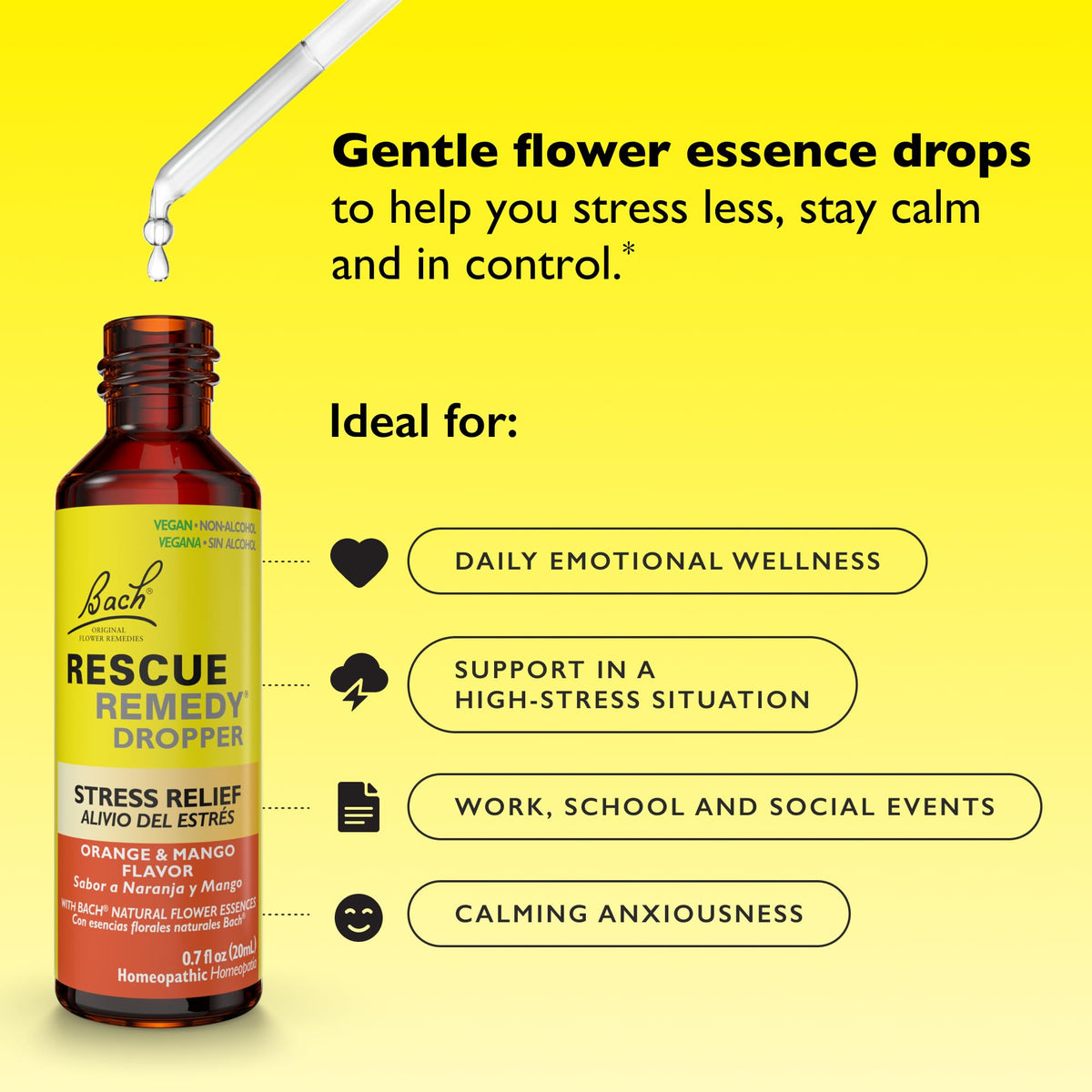 Bach RESCUE Remedy, Orange Mango Flavor, Stress Relief, Homeopathic, Flower Essences, 20mL