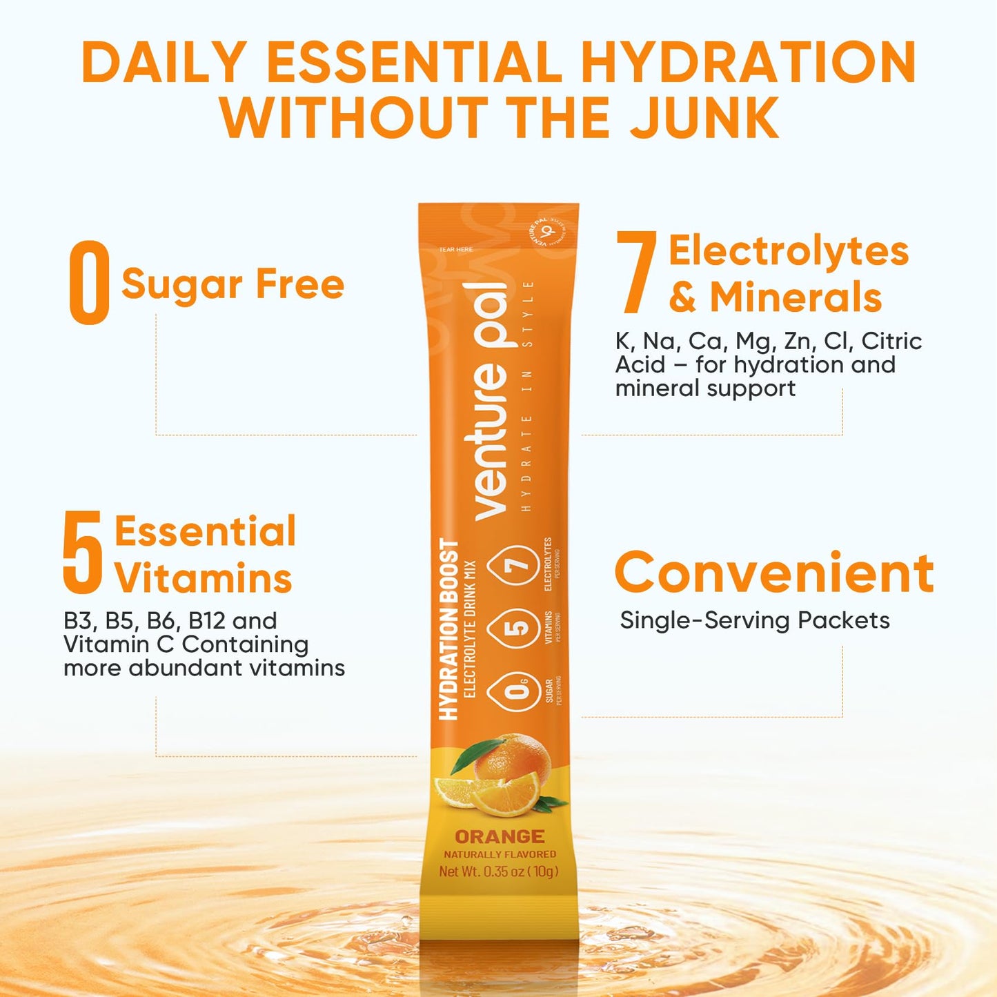 Venture Pal Sugar Free Electrolyte Powder, Liquid Daily IV Hydration Packet | 7 Electrolytes & 5 Vitamins, Electrolytes Dink Mix for Party Recovery & Instantly Hydration, Vegan, Keto-Friendly, 16 Sticks