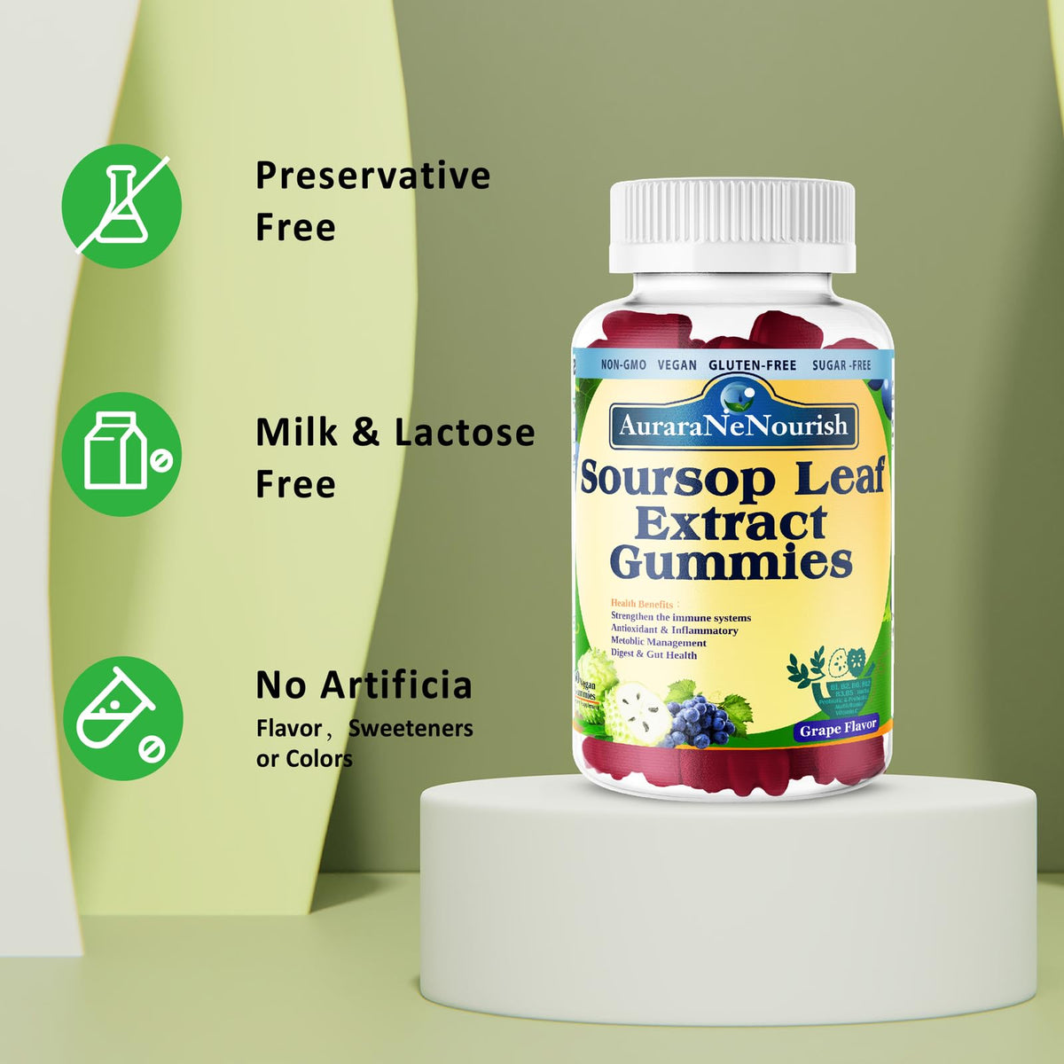 AuraraNeNourish Sugar Free Soursop Gummies with Probiotics & Fiber 100 Billion CFUs, Organic Soursop Leave Extract with Vitamin C B-Complex for Digestive Gut Health, Energy Balance, Immune Boost AuraraNeNourishBuy Supplements Australia