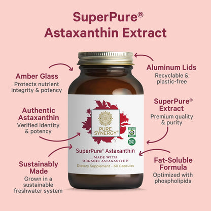 PURE SYNERGY SuperPure Astaxanthin Extract | Organic Astaxanthin from Algae with Sunflower Lecithin | Antioxidant Support for Skin and Eye Health (60 Capsules)