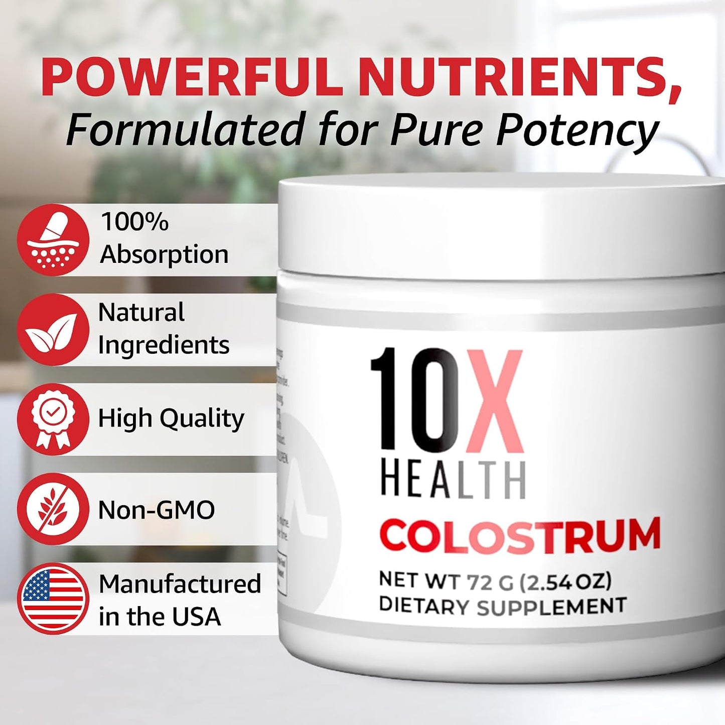 10X Health Bovine Colostrum Powder - 60 Servings | Gut Health Supplement: Organic, with Cat's Claw & Lactoferrin, Easy-Mix, 60 Servings