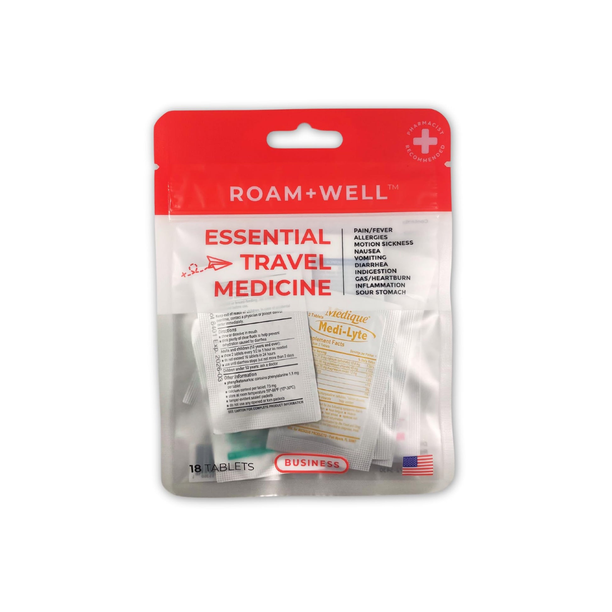Roamwell Essential Travel Medicine Kit, OTC Travel Medication, TSA Approved (Business | 18 Tablets) Roamwell buy supplements Au
