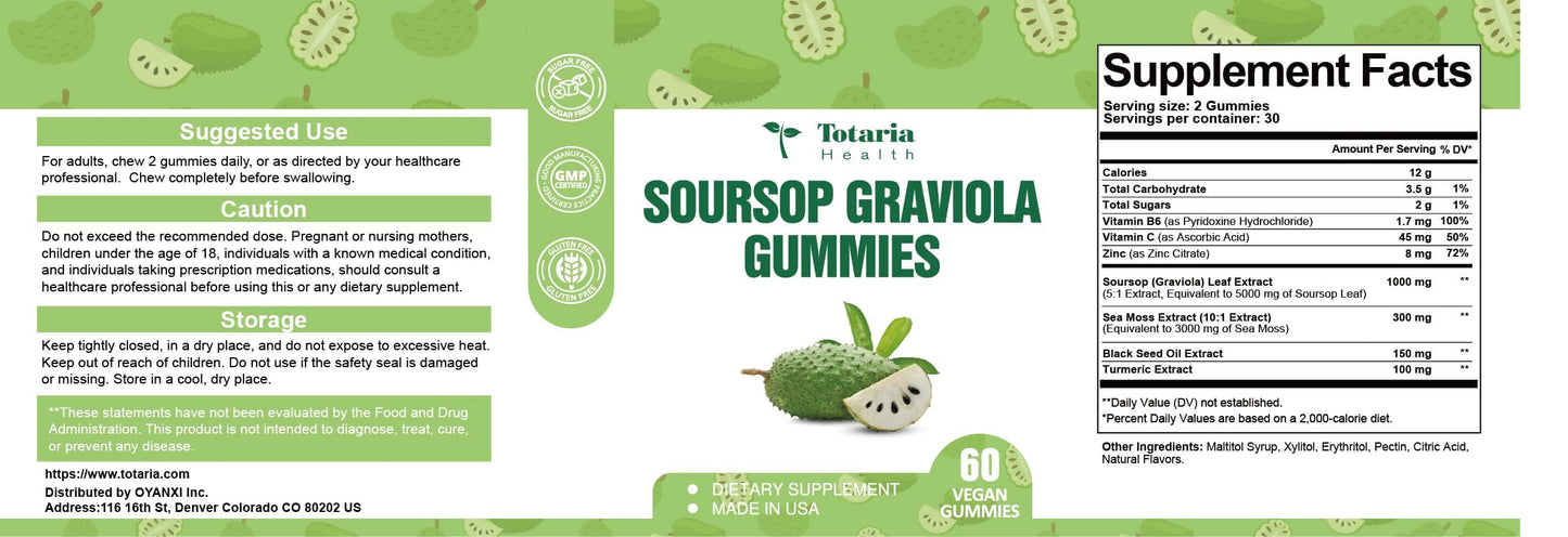 Totaria Sugar Free Soursop Oil Graviola Sea Moss Gummies - Support Digestive Sleep Skin Health, Immunity & Antioxidant - Guanabana Fruit with Sea Moss, 150mg Black Seed Oil Organic Non-GMO Vegan