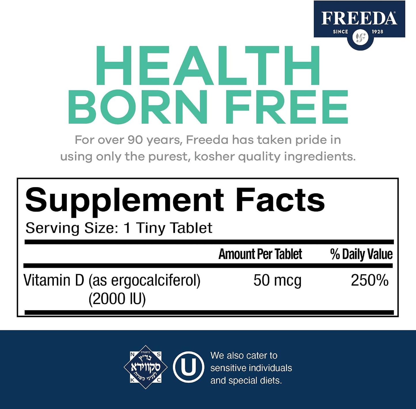 FREEDA Vitamin D2 2000 IU for Bone & Immune Support – Vegan, 100 Tablets | Supports Bone, Teeth & Muscle Function, Tiny Easy-to-Swallow Tablets, Ergocalciferol Supplement, Kosher, Made in USA