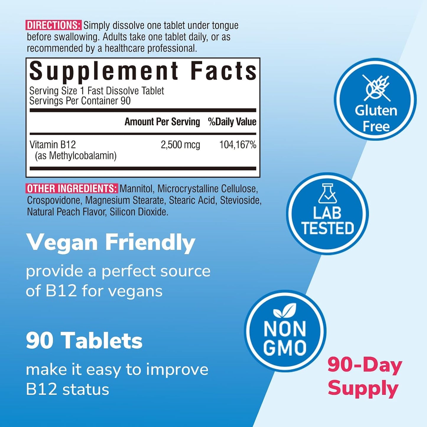 Vitalibre Vitamin B12 2500 mcg, Extra Strength Sublingual Methylcobalamin, Natural Peach Flavor, Nervous System, Energy Support, No Sugar, 90 Fast Dissolve Tablets