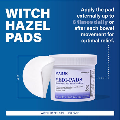 MAJOR Medi-Pads - Hemorrhoidal Hygienic Cleansing Witch Hazel Pads - Cooling Relief with Aloe - 100 Count Jar (2 Pack) MAJORBuy Supplements Australia