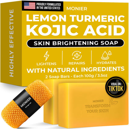MONIER Brightening Lemon Turmeric Kojic Acid Soap Bars - with Collagen | with Collagen, Turmeric, Coconut Oil, Moisturizing & Nourishing, Original Japanese Complex (2 Soap Bars + Storage Net)