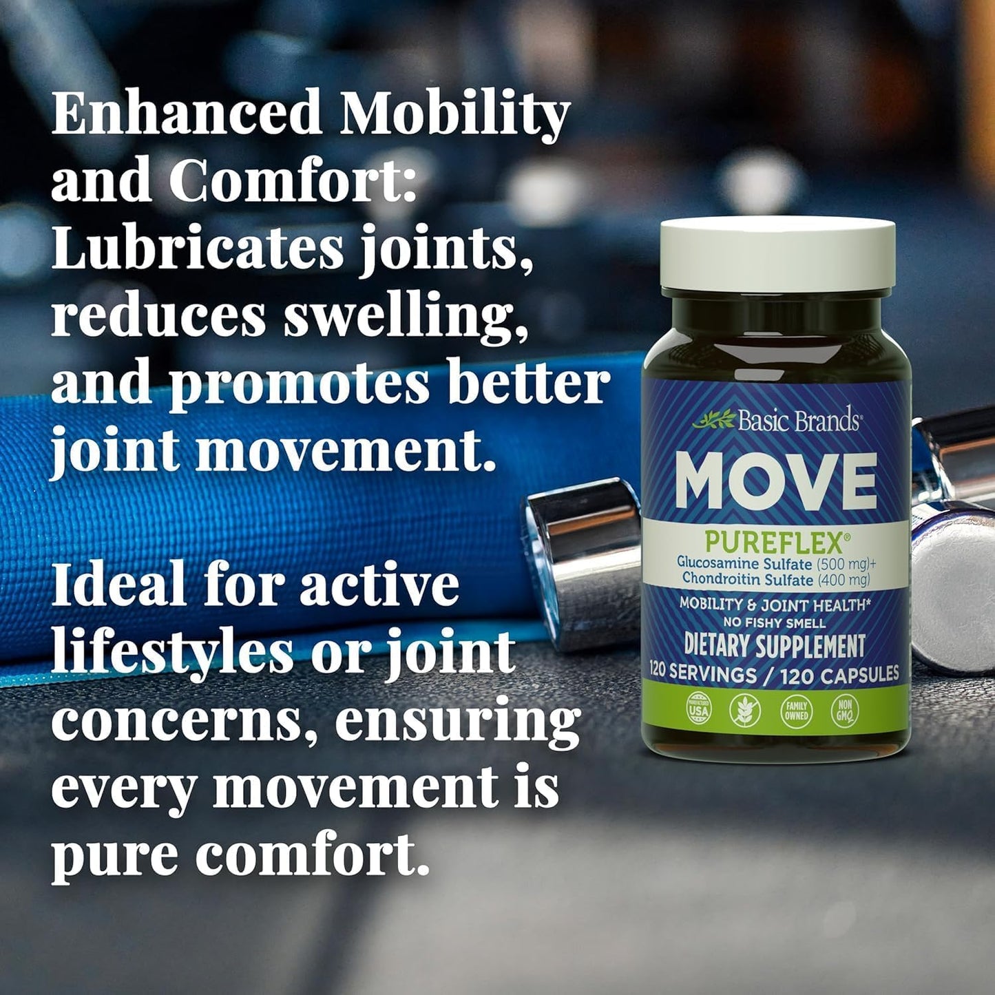 Basic Brands Move Pureflex Glucosamine Chondroitin, 120 Capsules | 500 mg Glucosamine Sulfate and 400 mg Chondroitin Sulfate, Made in USA