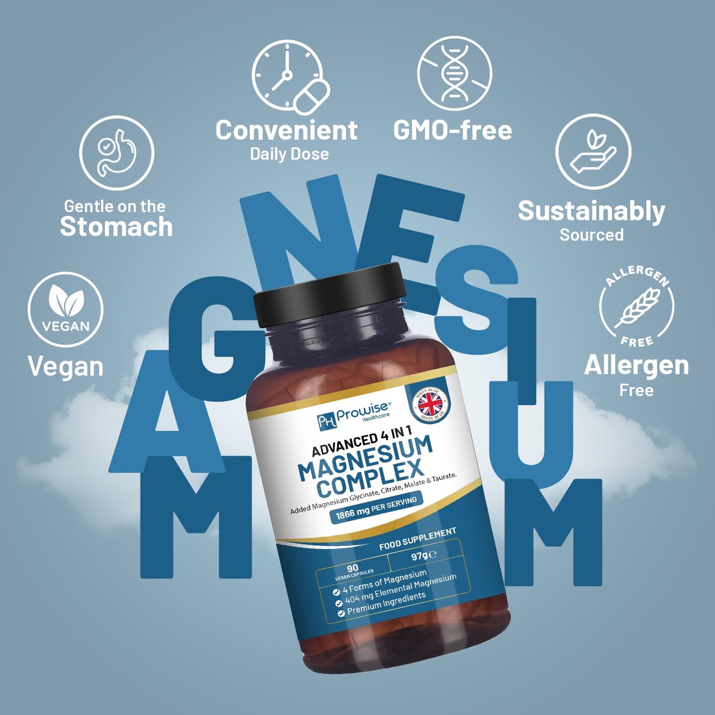 Magnesium Glycinate Complex 4 in 1-1866mg per Serving | Precise 404mg Elemental Magnesium dose | Added Magnesium Glycinate, Citrate, Malate & Taurate | 90 Vegan Capsules - by Prowise PH PROWISE Healthcare buy supplements Au