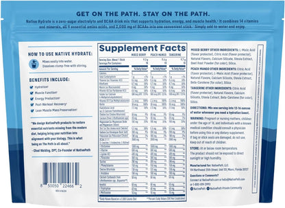 NativePath Hydrate Electrolyte Stick Packs Variety Pack, 30 Count | Mixed Berry, Peach Mango & Tangerine Sticks, 14 Vitamins, 9 Aminos & 2000mg BCAAs, Zero Sugar, Keto