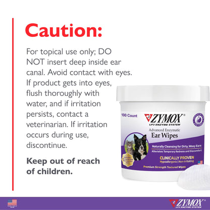 Zymox Advanced Enzymatic Ear Wipes for Dogs and Cats - for Dirty, Waxy, Smelly Ears - Premium Strength Ear Cleaner Wipes - Non-Irritating - Hypoallergenic - 100 ct
