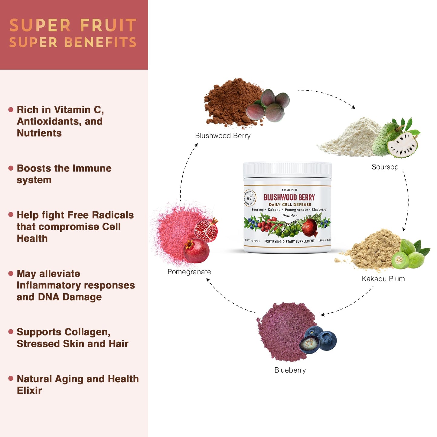 Aussie Pure Blushwood Berry Superfruit Daily Cell Defense - Soursop - Kakadu Plum - Pomegranate - Blueberry - Immune and Cell Support Powder - All Ages - Lab Tested and Authenticated - 180g/6.4oz Aussie Pure buy supplements Au