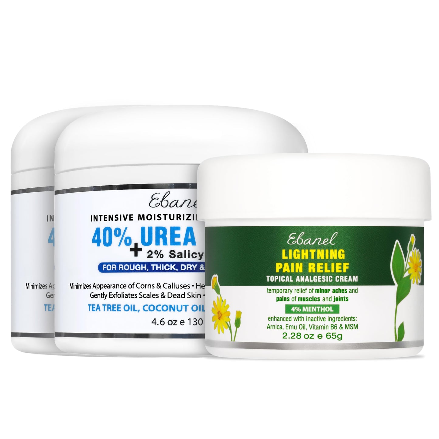 Ebanel Bundle of 2 Pack 40% Urea Cream 4.6 Oz, and Pain Relief Cream Arnica Menthol 2.28 Oz