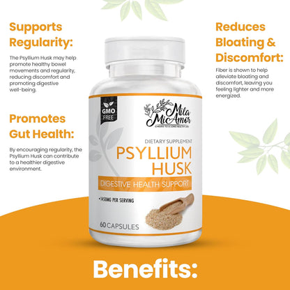 Mila Miamor Psyllium Husk Capsules – 60 Count – Gut & Colon Support Supplement – Promotes Digestive Health & Regularity – Non-GMO, High Fiber Formula
