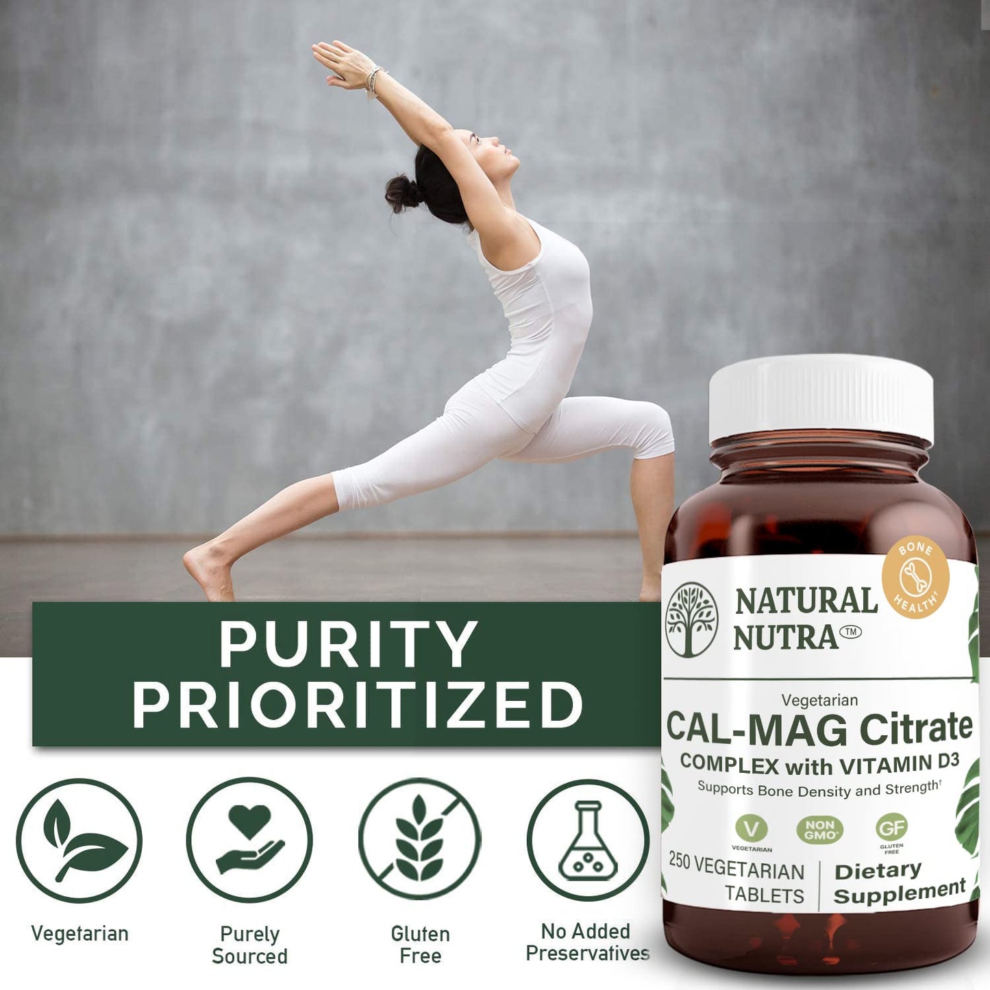 Natural Nutra Cal-Mag Citrate with Vitamin D3,1000/500 mg Complex, Strengthen Bone Density, Muscle and Nerve Health, Help Maintain Healthy Teeth, Highly Bioavailable Sources, 100 Vegan Tablets