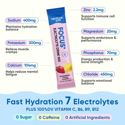 Venture Pal Sugar Free Hydration + Focus Electrolyte Packets, 16 Sticks | 7 Electrolytes + Vitamins, Magnesium, Lion's Mane & Ashwagandha, Boost Clarity & Energy, Electrolytes Powder, Vegan, Keto