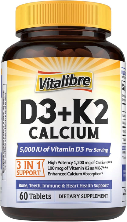 Vitalibre Vitamin D3 K2 + Calcium Supplements for Women & Men, 60 Tablets | Calcium 1200 mg with Vitamin D3 K2 5000 iu, High Absorption for Strong Bones, Teeth, Heart, Immune Health