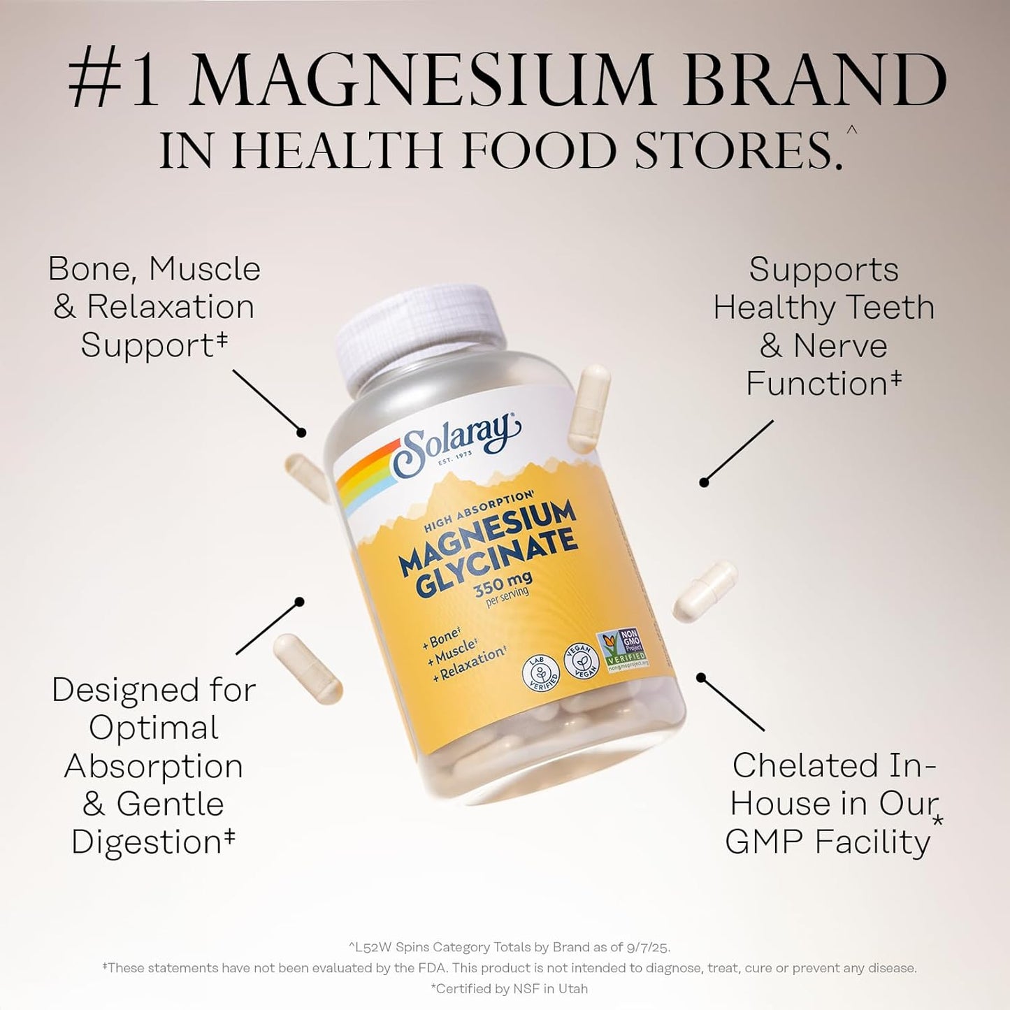 SOLARAY Magnesium Glycinate Capsules, Chelated Magnesium Bisglycinate w/BioPerine, Higher Absorption Magnesium Supplement - Bones, Muscles, Heart Support, Vegan (30 Servings, 120 VegCaps)