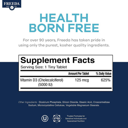FREEDA Vitamin D3-5000 IU - Pure High Potency Kosher Supplement Tablets - Bone and Muscle Health, Calcium Absorption, Immune Support for Men and Women* - 250 Count | High Potency Vitamin D3 Supplement with 5000 IU Tablets - Support Bone Health, Muscle Fun