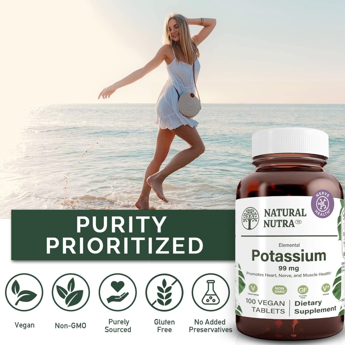 Natural Nutra Elemental Potassium Gluconate 99 mg Dietary Supplement – Promotes Energy, Helps Boost Nervous System, Promotes Heart Health, Mineral Regulation, Muscle Function - 100 Vegan Tablets