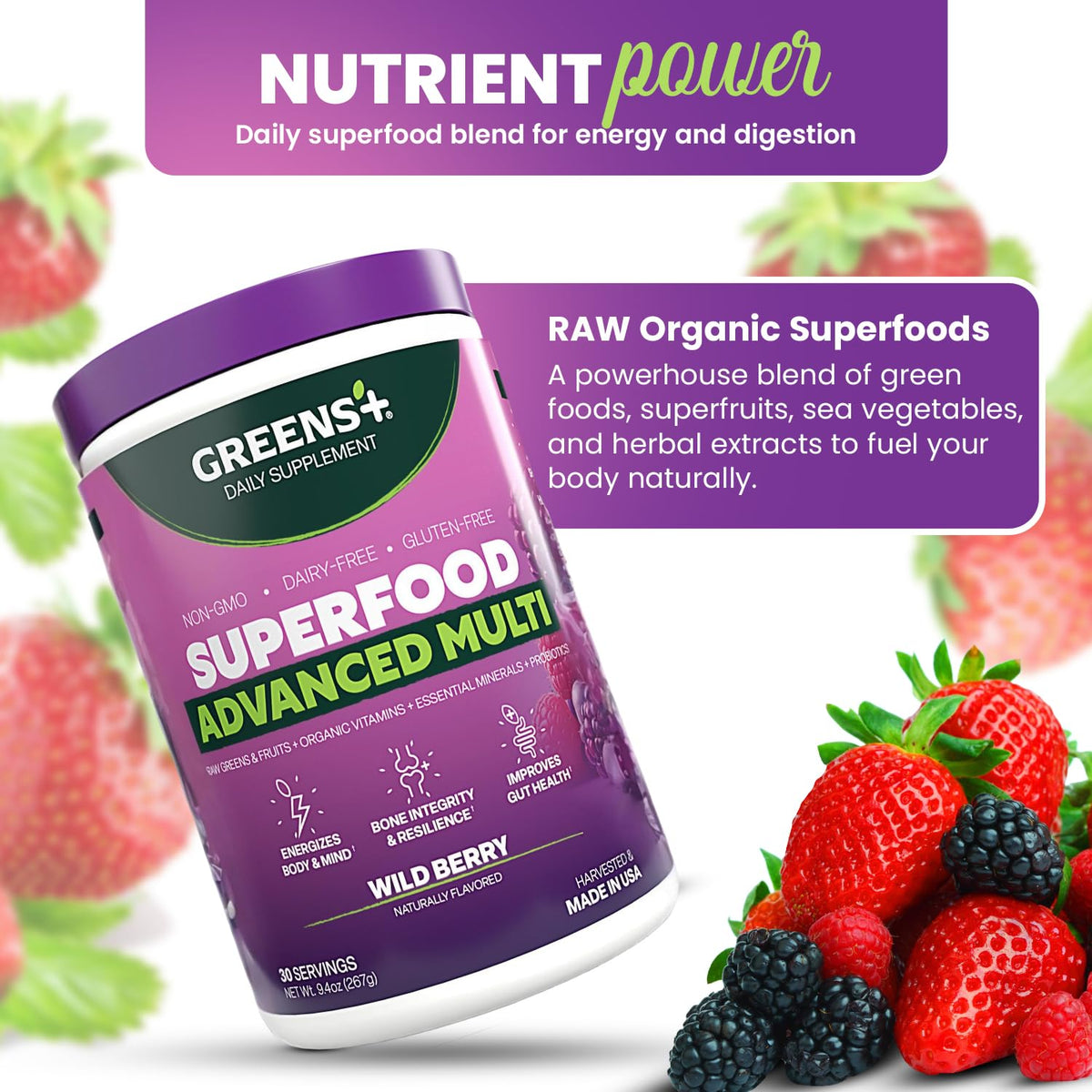 Greens+ Advanced Multi Wild Berry Superfood Powder, Organic Blend, Vegan, Non-GMO, Soy-Free, Dairy-Free, Gluten-Free, Dietary Supplement with Vitamins & Minerals, 9.4 oz Greens+ buy supplements Au
