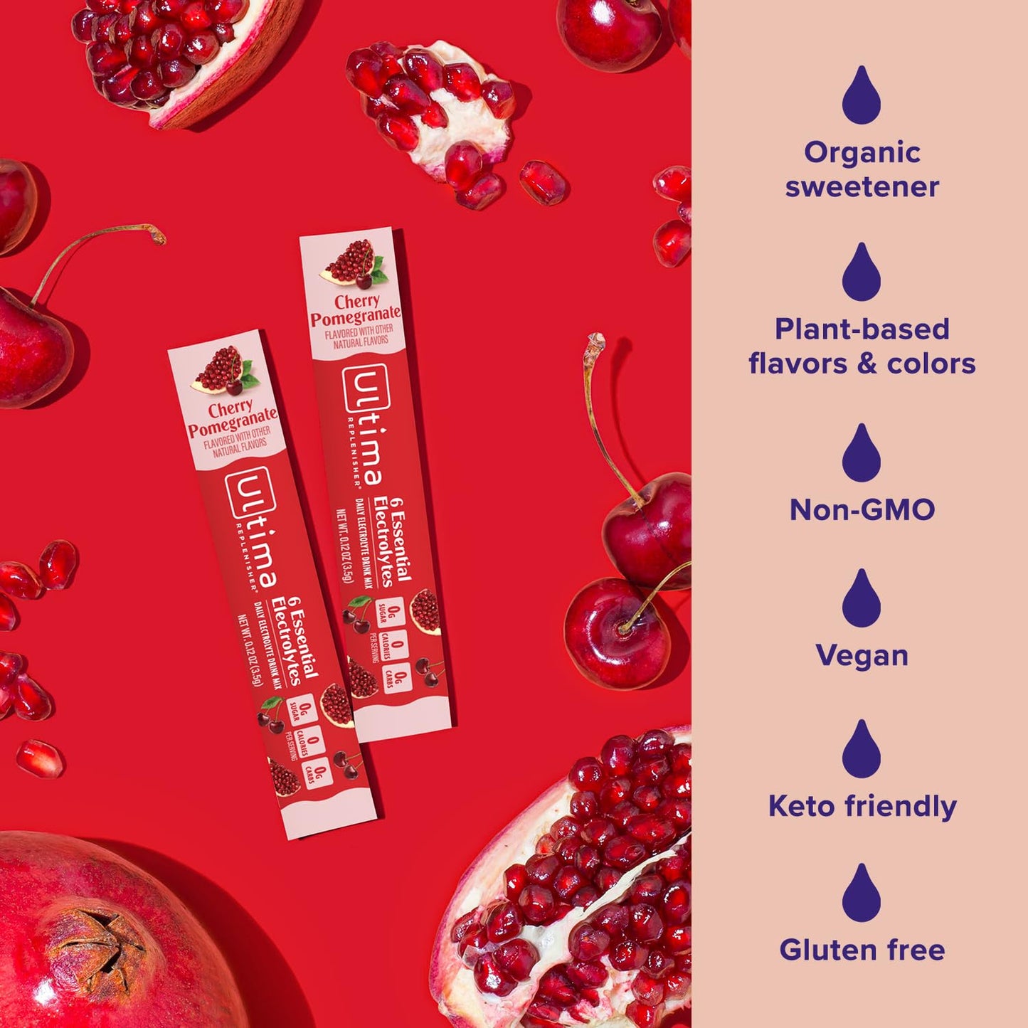 Ultima Replenisher Cherry Pomegranate Electrolyte Packets, 20 Stickpacks | Daily Zero Sugar Powder Hydration Packets with 6 Key Electrolytes & Minerals - Sugar Free, Plant Based & Keto Friendly