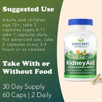 RidgeCrest Herbals KidneyAid Kidney and Urinary Tract Support 60 Ct | 30 Servings, Hydrangea, Horsetail, Trace Minerals, Natural Herbal Blend, Vegan Capsules, Daily Health Formula