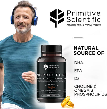 Primitive Scientific Nordic Pure Oil Complex (60 Fish Oil Capsules) for Brain, Immunity & Vision - Heart Supplement w/EPA, DHA, Vitamin D3, Choline - Omega 3 Supplements