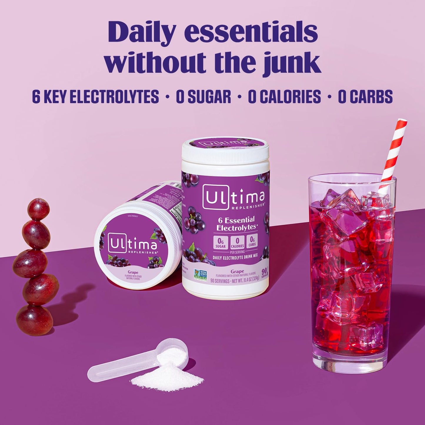 Ultima Replenisher Electrolyte Powder Drink Mix Bundle – Sugar Free – Grape, 90 Serving Canister and 20 Stickpacks – 6 Electrolytes and Minerals – Keto Friendly, Vegan, Non-GMO