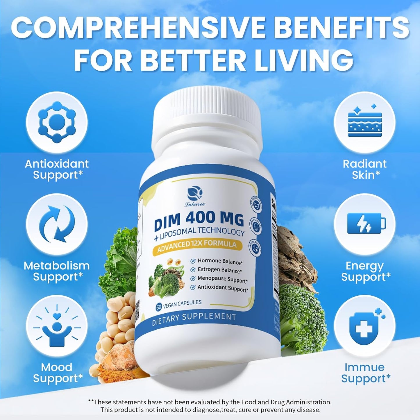 Lukaree DIM Supplement 400MG for Women - 12 in 1 Liposomal Dim Capsules- with Black Cohosh, Soy Isoflavones & Alpha Lipoic Acid, Vegan, 120 Ct.
