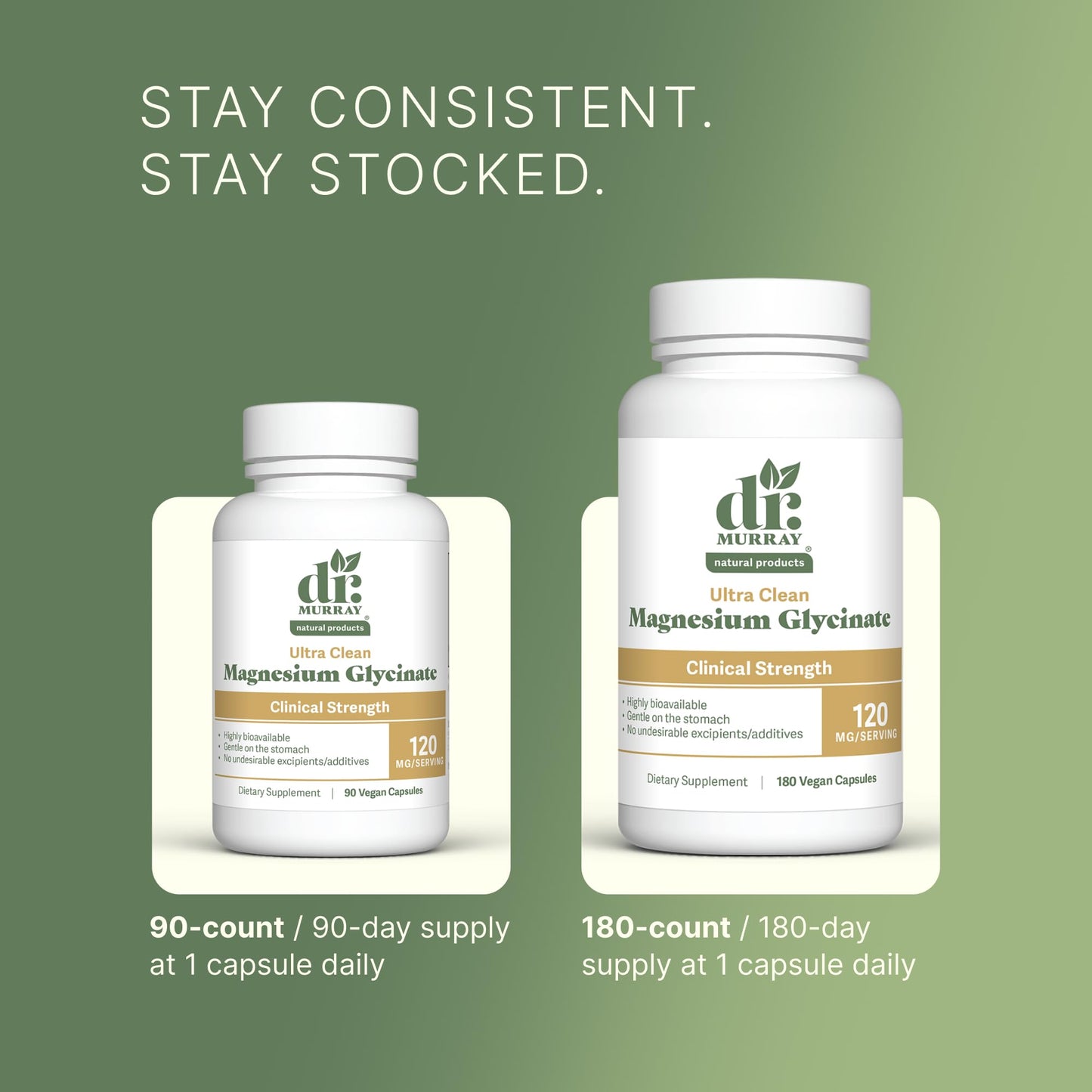 Dr. Murray's Ultra Clean Magnesium Glycinate | Supports Sleep, Relaxation, Heart & Muscle Function | Vegan | 120 mg | No Magnesium Stearate or Artificial Additives | 90 Capsules