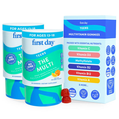 FIRST DAY Teen Multivitamin Gummy with Organic Fruit & Veggie Blend, 60 ct. | Vegan teen vitamins for ages 13-18 with 12 key nutrients, methylfolate, magnesium and zinc; 2 daily, 30-day supply.