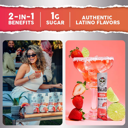 Salud 2-Pack | 2-in-1 Energy + Focus (Strawberry Margarita) & Energy + Focus (Hibiscus) – 15 Servings Each, Agua Fresca Drink Mix, Non-GMO, Gluten Free, Vegan, Low Calorie, 1g of Sugar