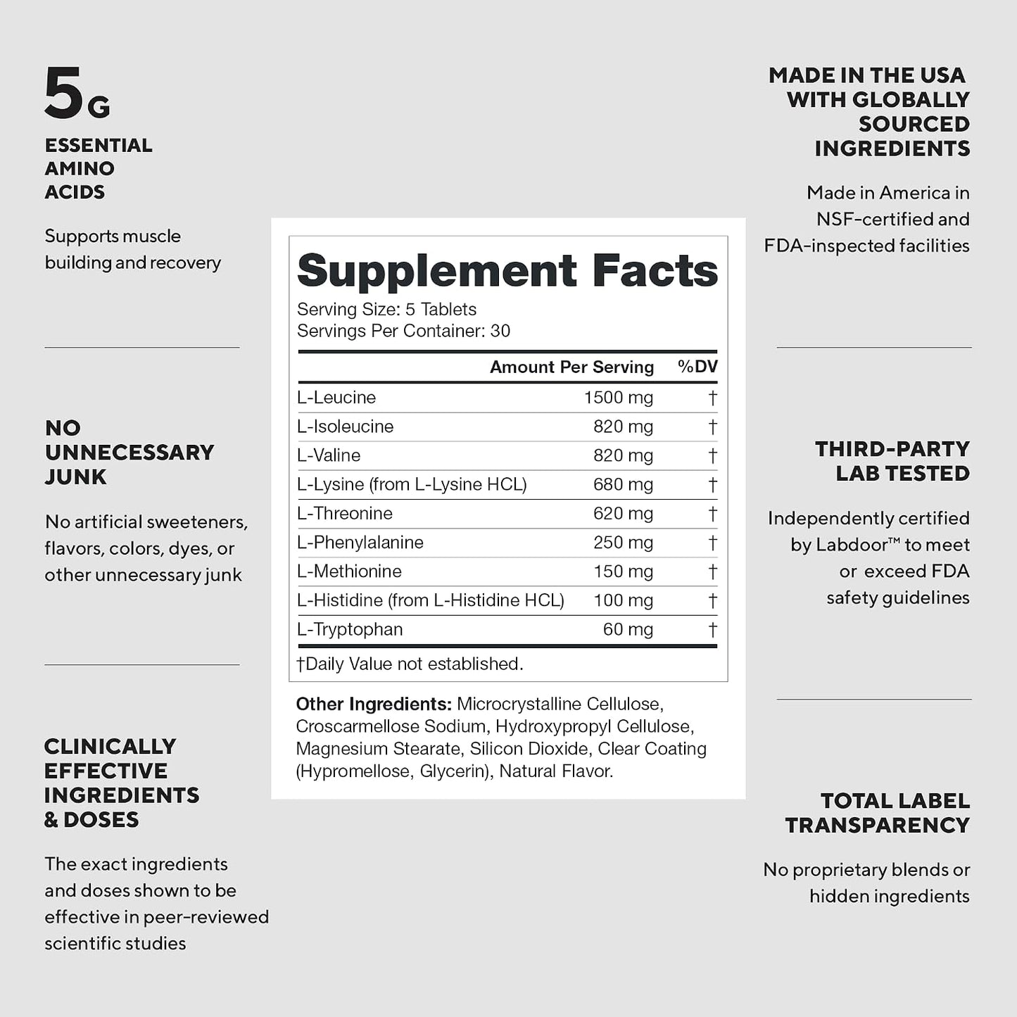 LEGION EAA Essential Amino Acid Tablets - 5000mg, 30 Servings | Lab-Verified 5,000mg EAAs with 1,500mg Leucine to Support Muscle Growth & Recovery. Clean Label with Zero Proprietary Blends