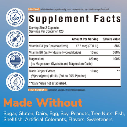 Vitalibre Magnesium Glycinate 420mg with Vitamin D3 B6, 120 Vegan Capsules | Chelated & Buffered Magnesium Supplement | High Absorption for Nerve, Bone, Heart, Mood, Sleep Support, Non-GMO