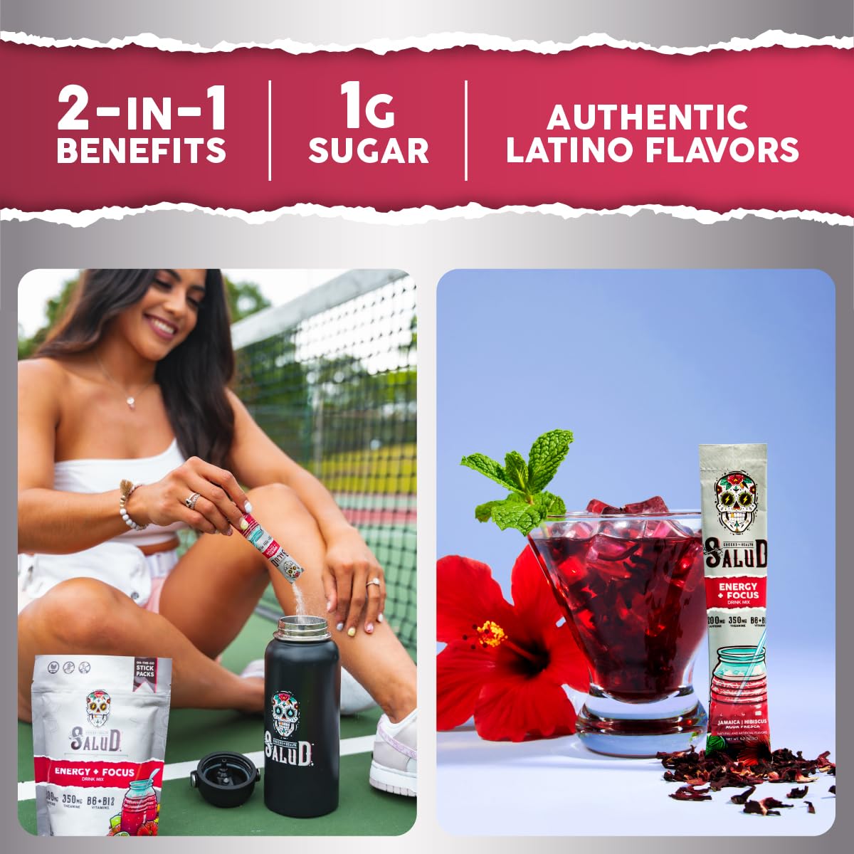 Salud 2-Pack |2-in-1 Energy + Focus (Pineapple Mango) & Energy + Focus (Hibiscus) – 15 Servings Each, Agua Fresca Drink Mix, Non-GMO, Gluten Free, Vegan, Low Calorie, 1g of Sugar