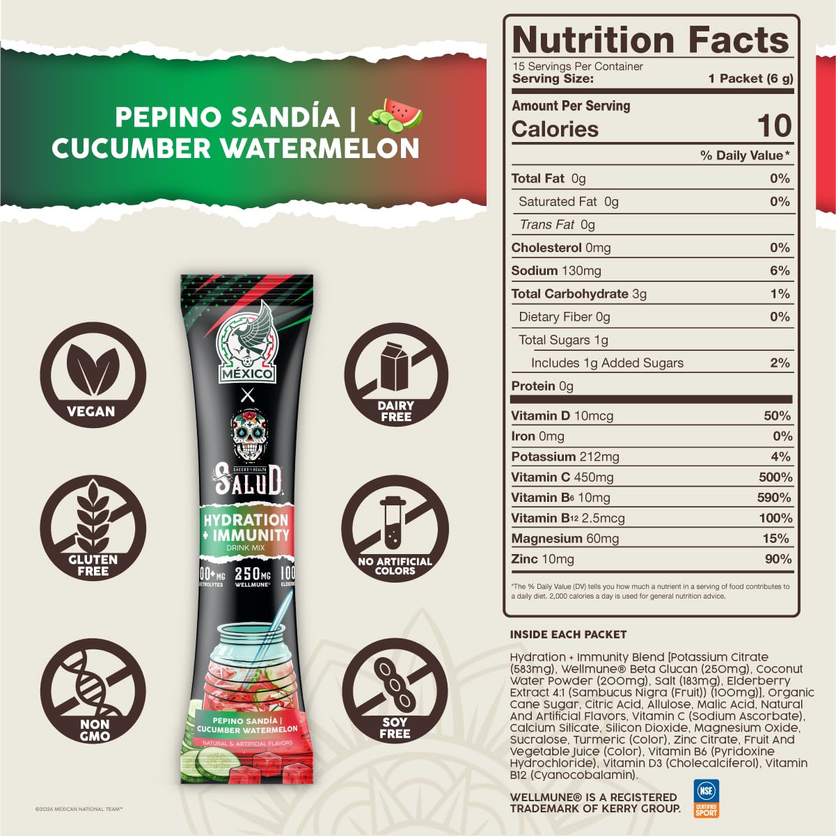 Salud 2-in-1 Hydration + Immunity Drink Mix, Cucumber Lime | Electrolytes Powder, Agua Fresca, Elderberry, Dairy & Soy Free, Non-GMO, Gluten Free, Vegan, 1g Sugar (15 Servings)
