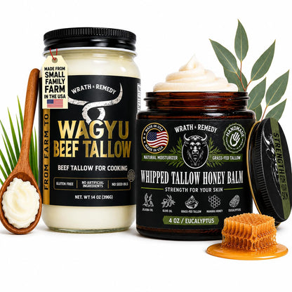 Wrath & Remedy Wagyu Beef Tallow for Cooking (14 oz) & Organic Beef Tallow for Skin - 4 OZ (Eucalyptus)