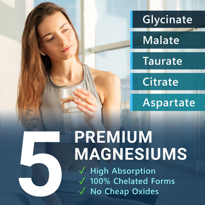 MyoActivo 5-in-1 Magnesium Complex - High Absorption - Chelated Magnesium Glycinate, Malate, Citrate, Taurate, & Aspartate for Nerves, Muscles, Bones | 120 Capsules | Magnesium Supplement MyoActivo buy supplements Au