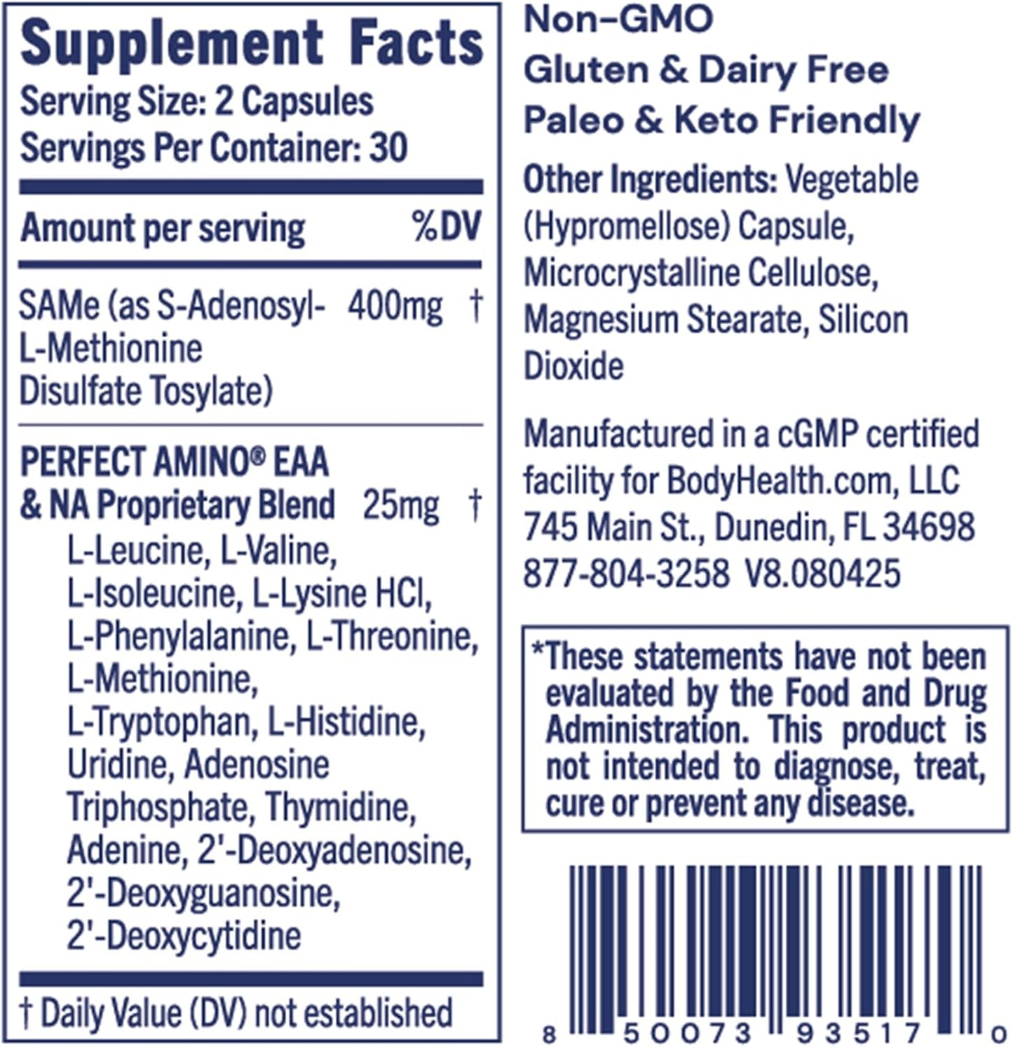 BodyHealth Same 400mg - Optimized Methylation Support for Brain, Joint, Cartilage and Liver Health* - 60 Capsules