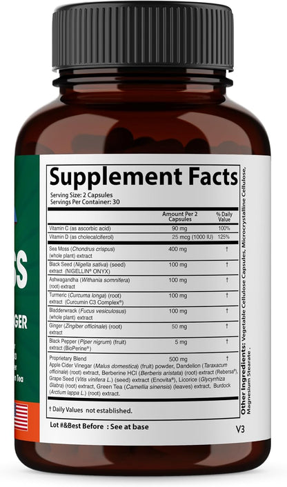 Sea Moss Black Seed Oil Ashwagandha Ginger Burdock Root, Turmeric,Black Pepper | 60 Capsules (Pack of 3)